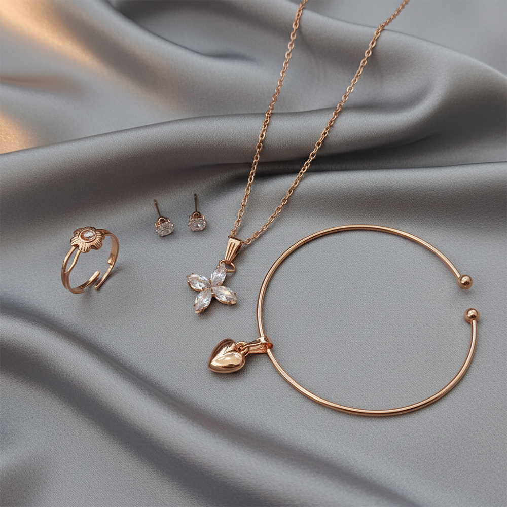 Urthn Rose Gold Plated Chain Pendant Earrings Rings And Bracelet Jewellery Combo Set (Pack Of 6)