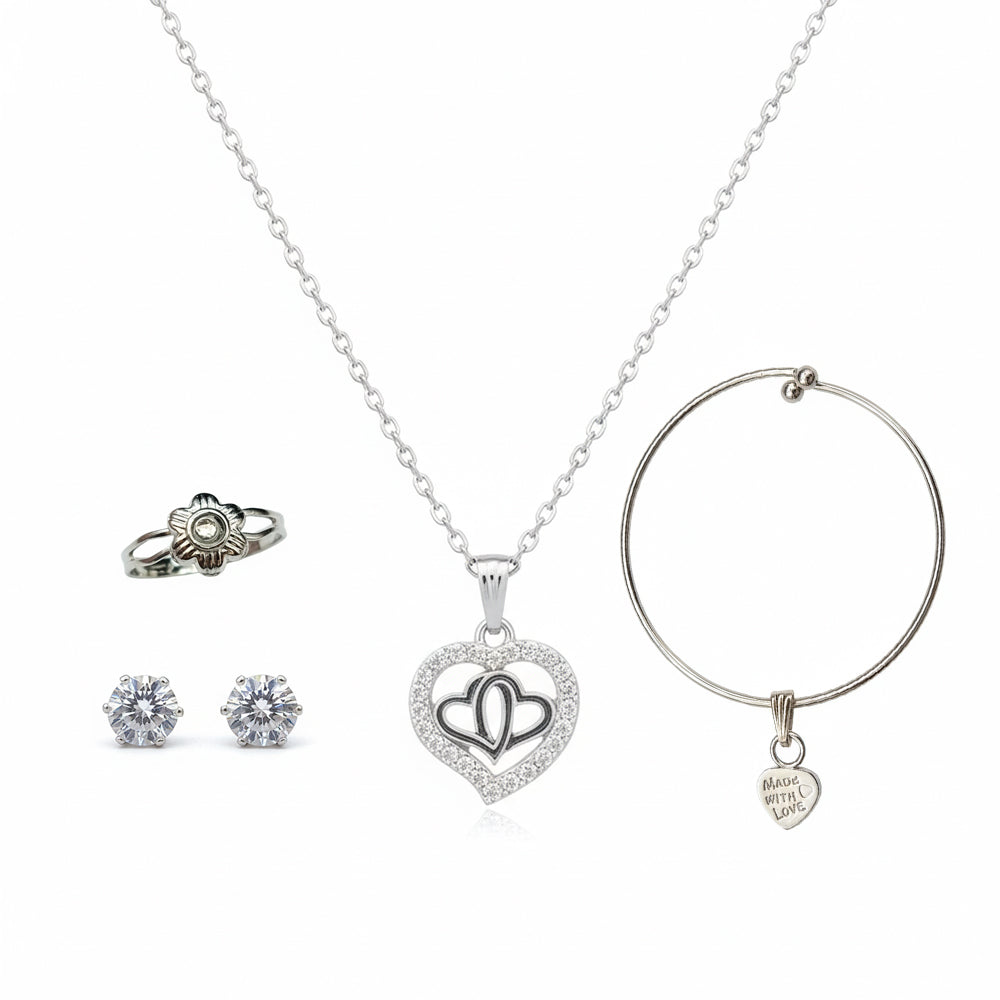 Urthn Silver Plated Heart Chain Pendant Earrings Rings And Bracelet Jewellery Combo Set (Pack Of 6)