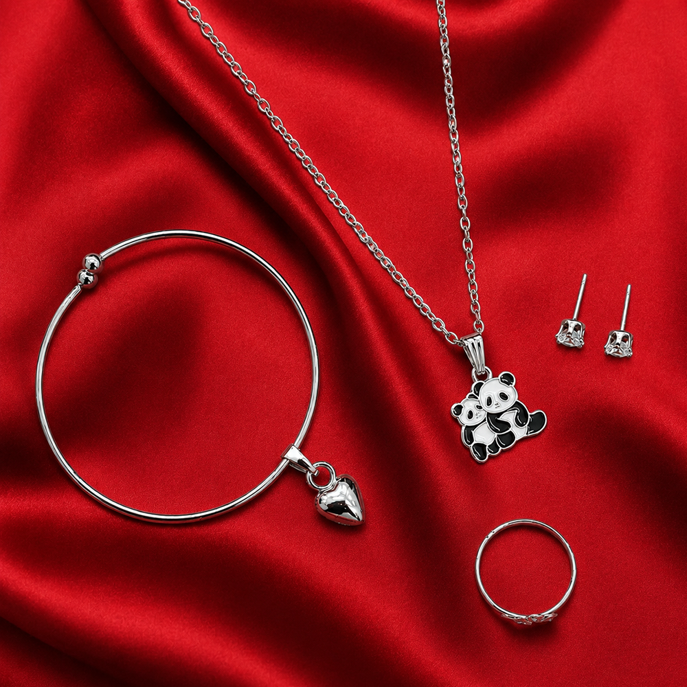 Urthn Silver Plated Chain Pendant Earrings Rings And Bracelet Jewellery Combo Set
