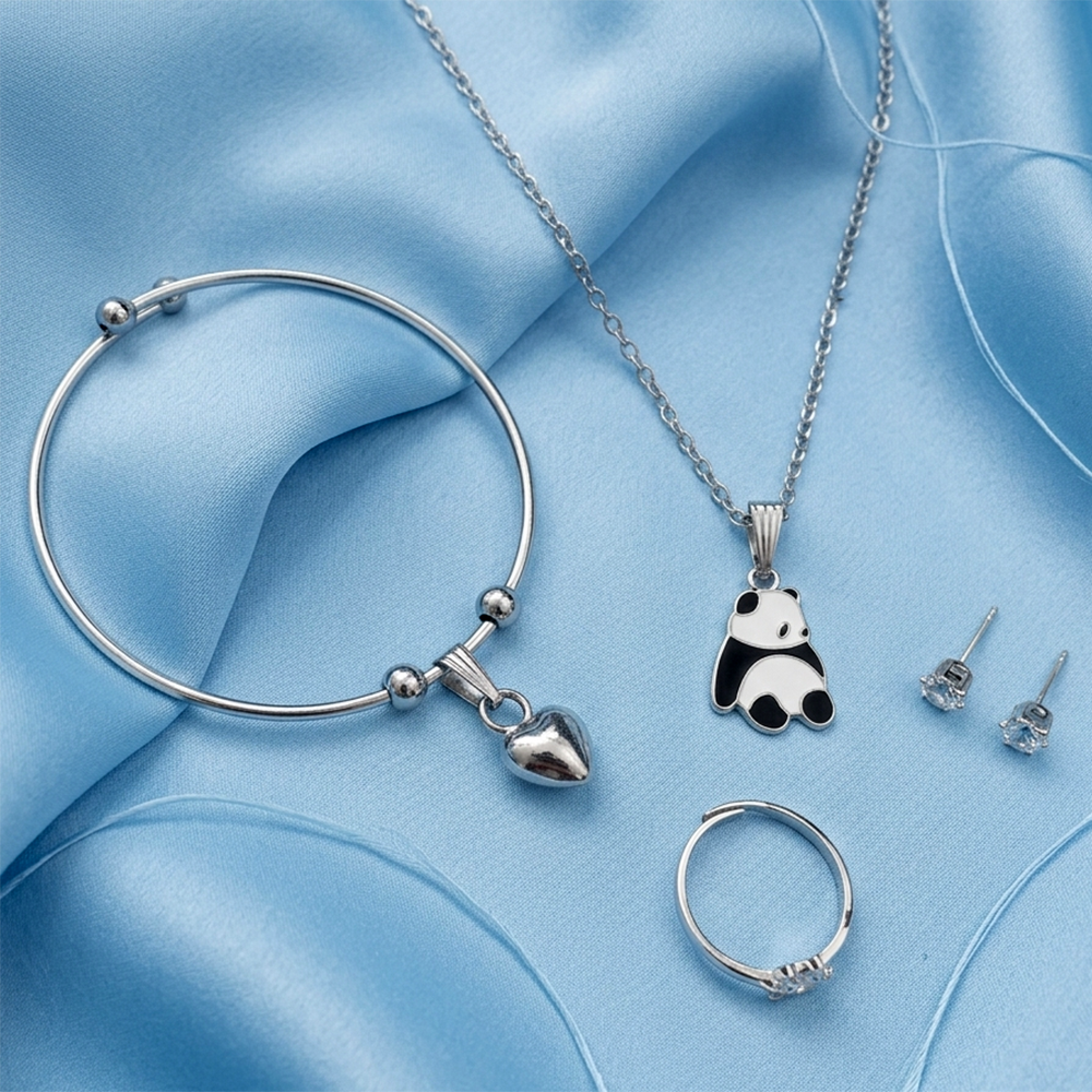 Urthn Silver Plated Chain Pendant Earrings Rings And Bracelet Jewellery Combo Set