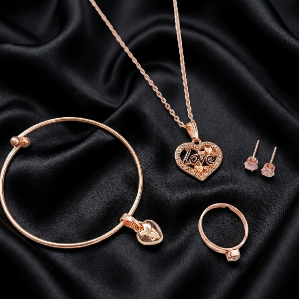 Urthn Rose Gold Plated Chain Pendant Earrings Rings And Bracelet Jewellery Combo Set
