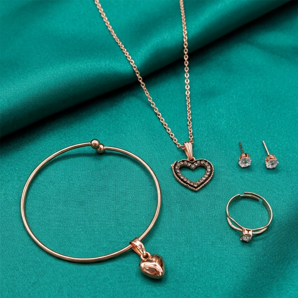 Urthn Rose Gold Plated Chain Pendant Earrings Rings And Bracelet Jewellery Combo Set