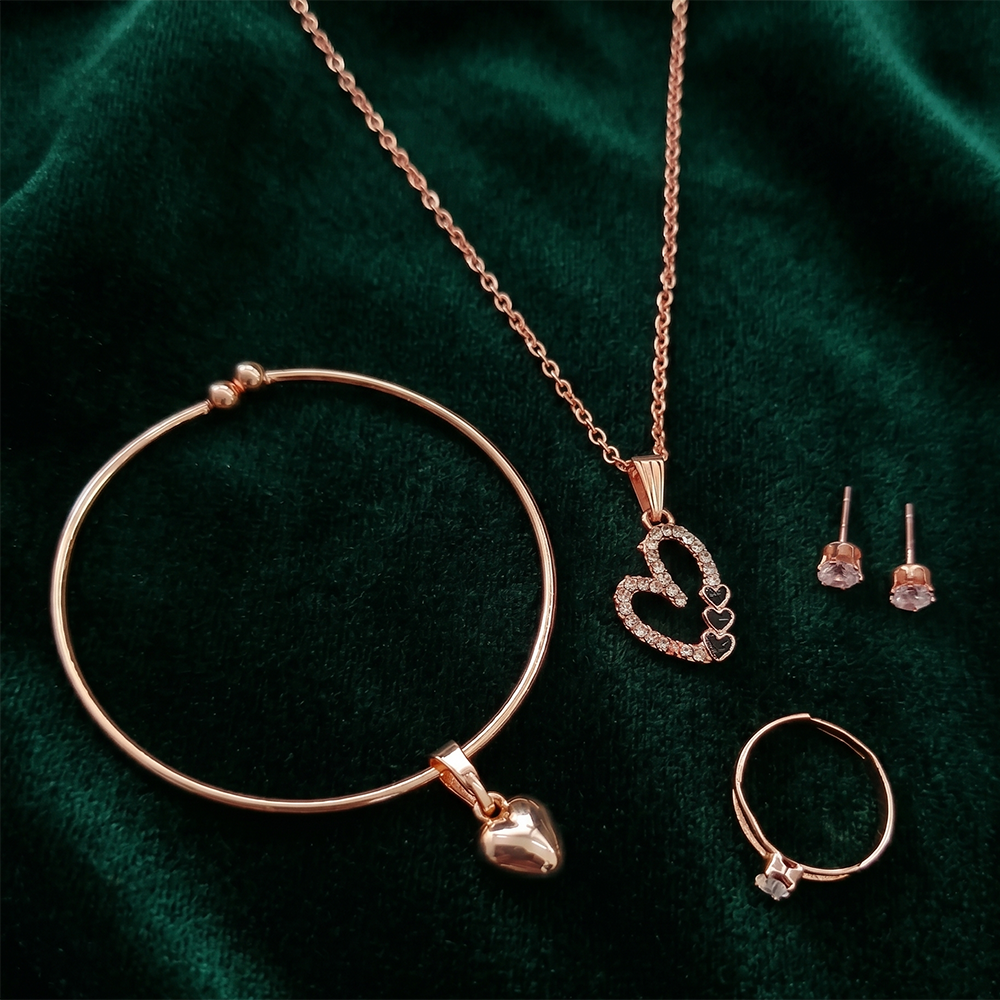 Urthn Rose Gold Plated Chain Pendant Earrings Rings And Bracelet Jewellery Combo Set