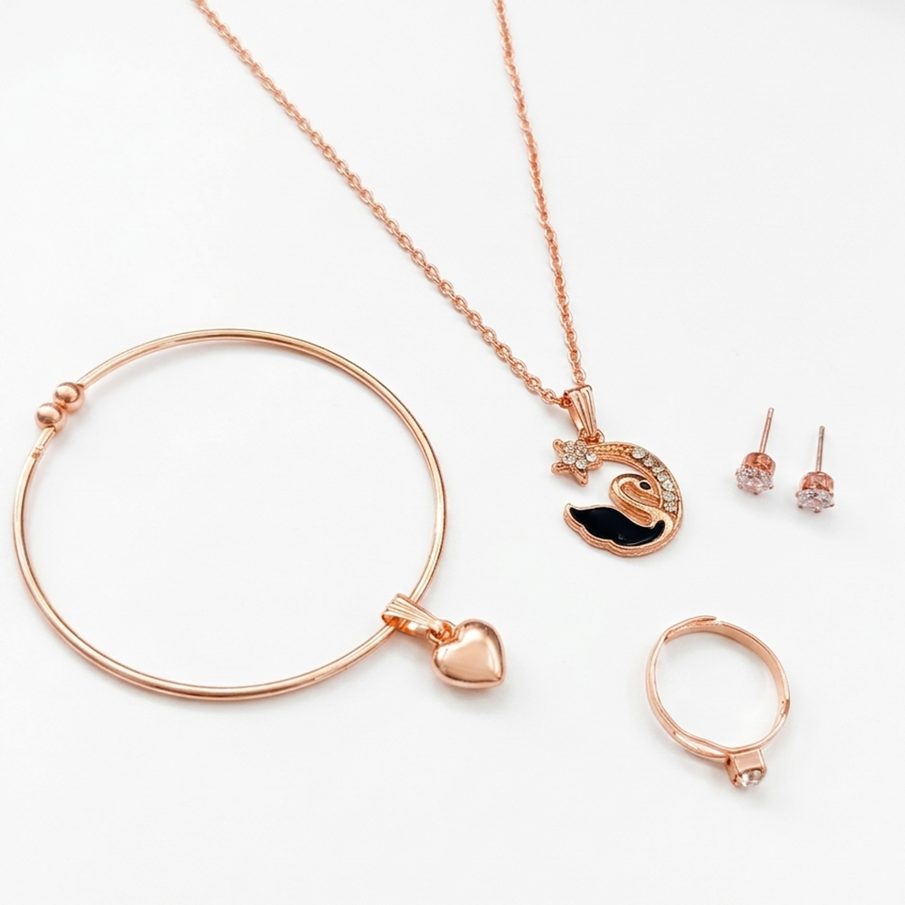 Urthn Rose Gold Plated Chain Pendant Earrings Rings And Bracelet Jewellery Combo Set (Pack of 6)
