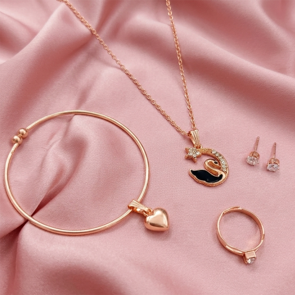 Urthn Rose Gold Plated Chain Pendant Earrings Rings And Bracelet Jewellery Combo Set
