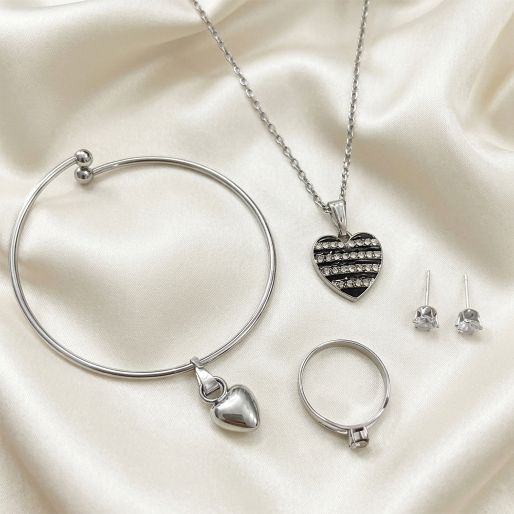Urthn Silver Plated Chain Pendant Earrings Rings And Bracelet Jewellery Combo Set