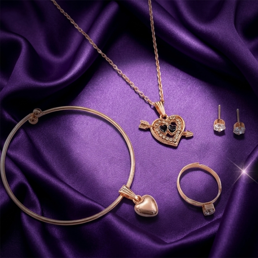 Urthn Rose Gold Plated Chain Pendant Earrings Rings And Bracelet Jewellery Combo Set