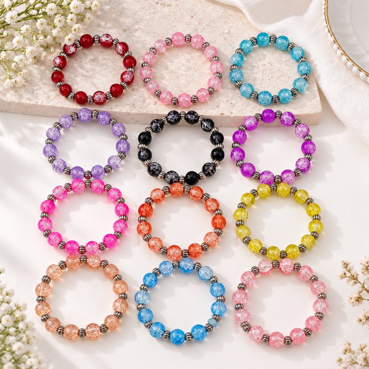Urthn Crystal Crackle Glass Beads Pack of 12 Bracelet Combo
