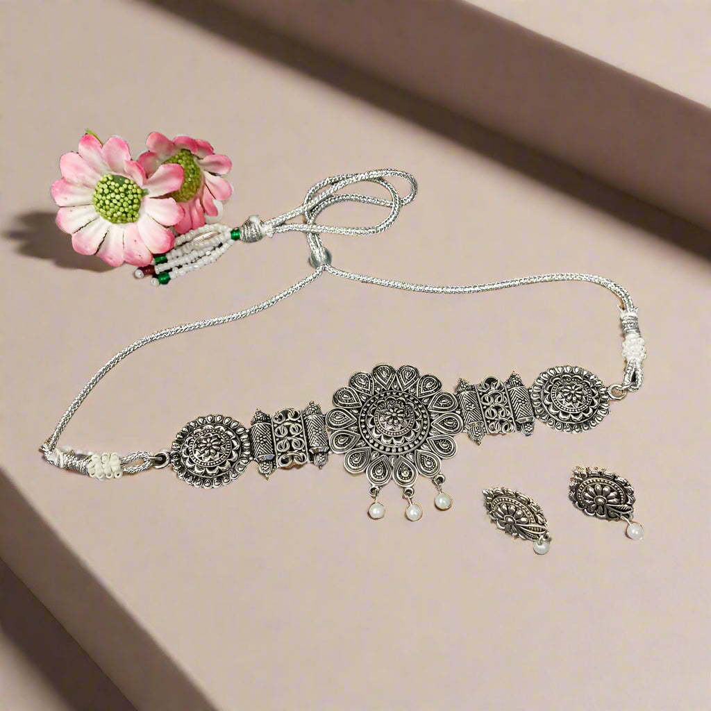 Darshana Jewels Oxidised Plated Choker Necklace Set