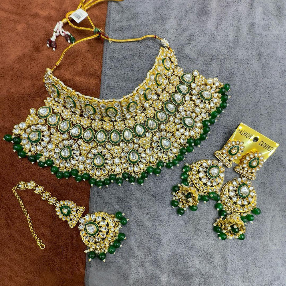 Neetu Art Gold Plated Kundan Stone And Beads Semi Bridal Necklace Set