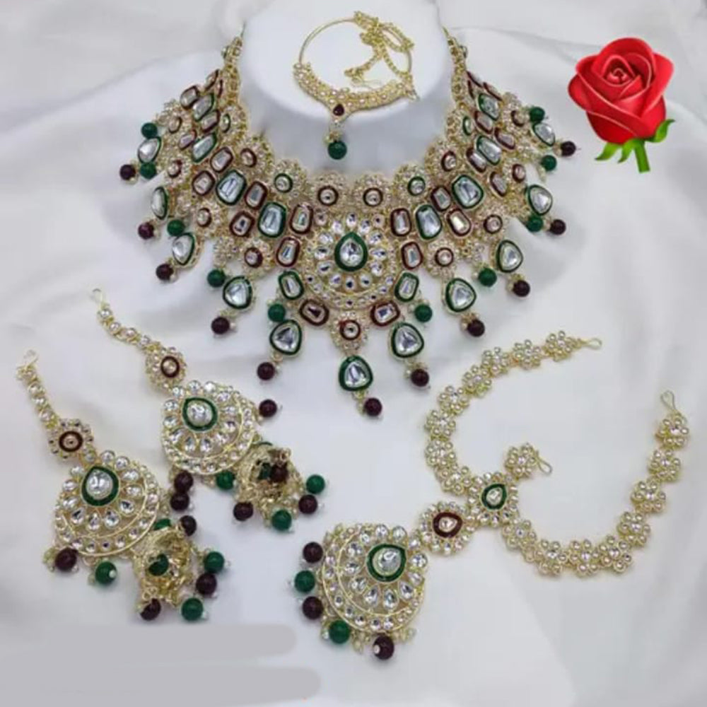 Neetu Art Gold Plated Kundan Stone And Beads Meenakari Semi Bridal Necklace Set