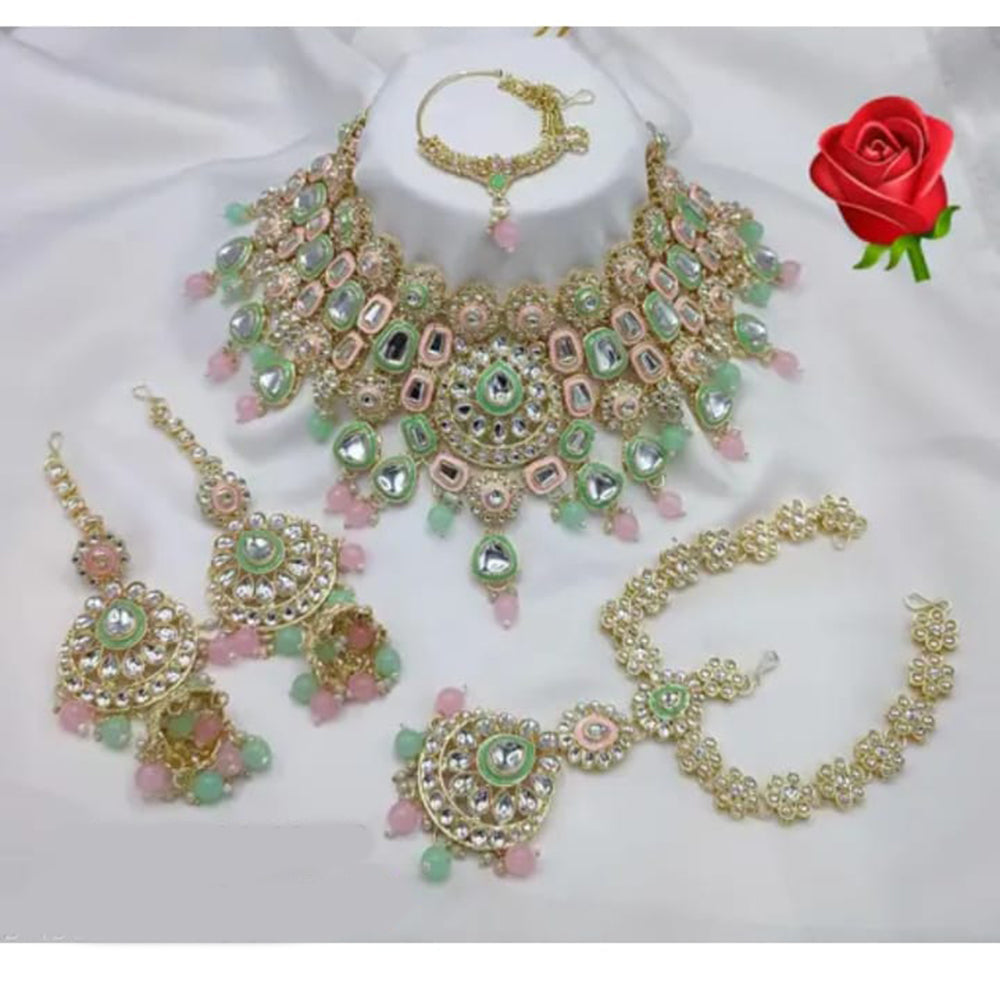 Neetu Art Gold Plated Kundan Stone And Beads Meenakari Semi Bridal Necklace Set