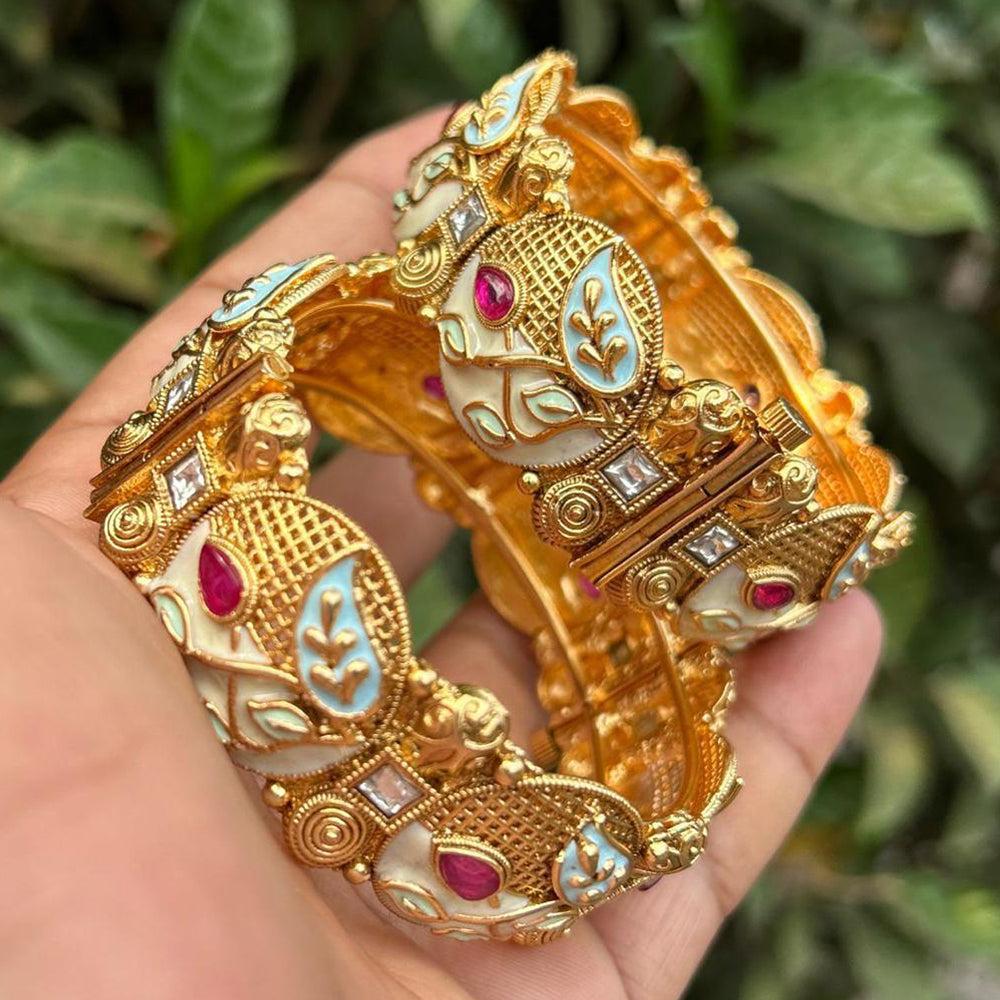 Neetu Art Gold Plated Pota Stone Meenakari Openable Bangle Set