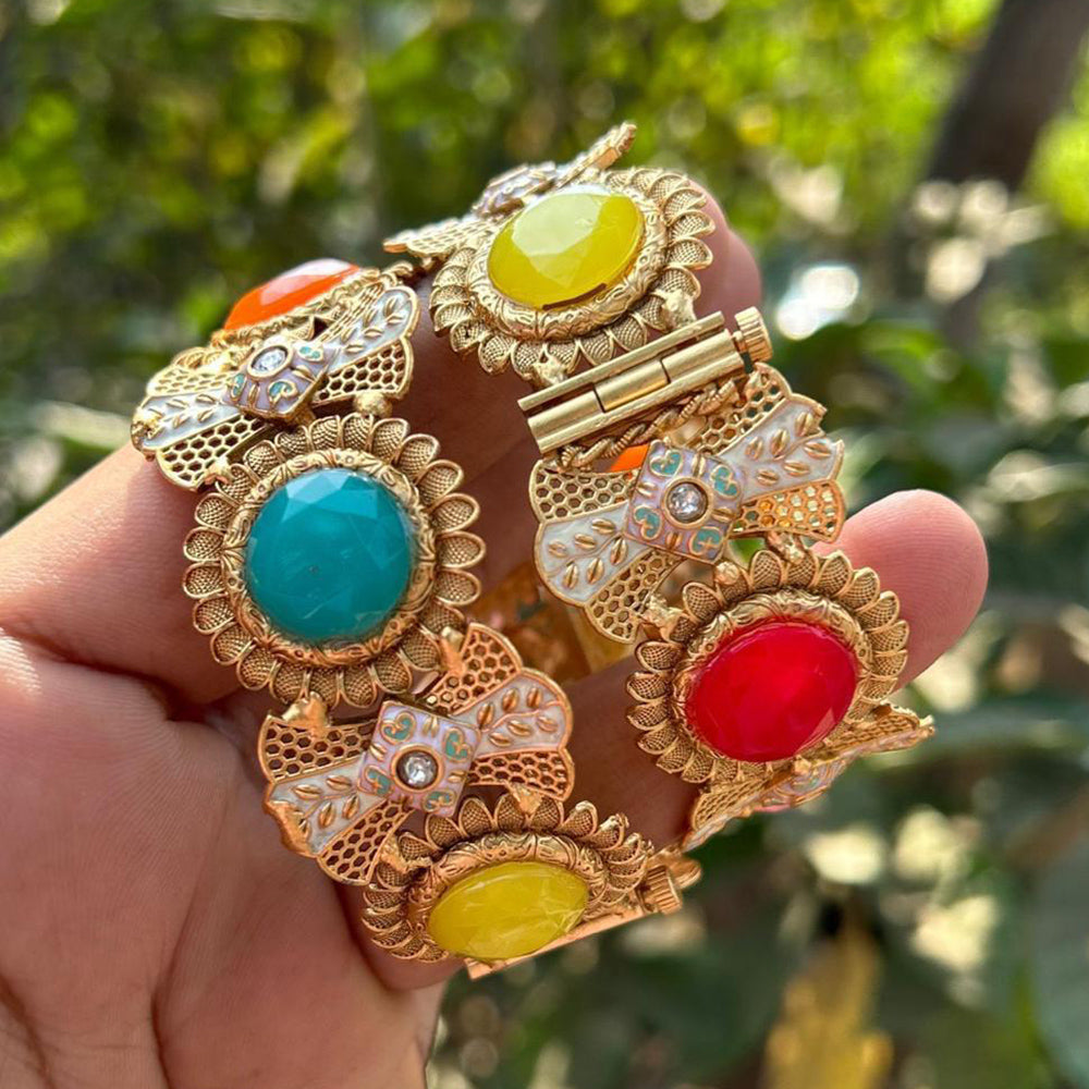 Neetu Art Gold Plated Pota Stone Meenakari Openable Bangle Set