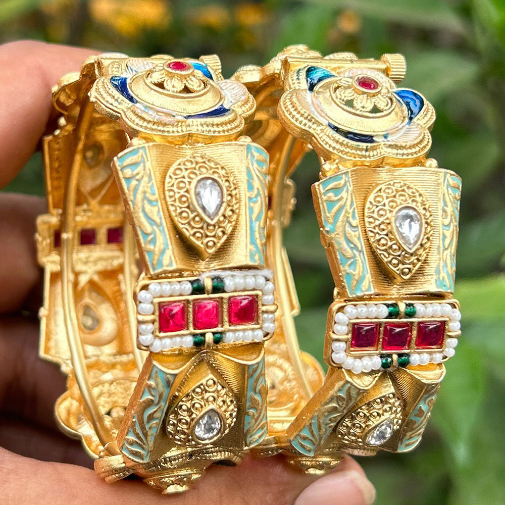 Neetu Art Gold Plated Pota Stone Meenakari Openable Bangle Set