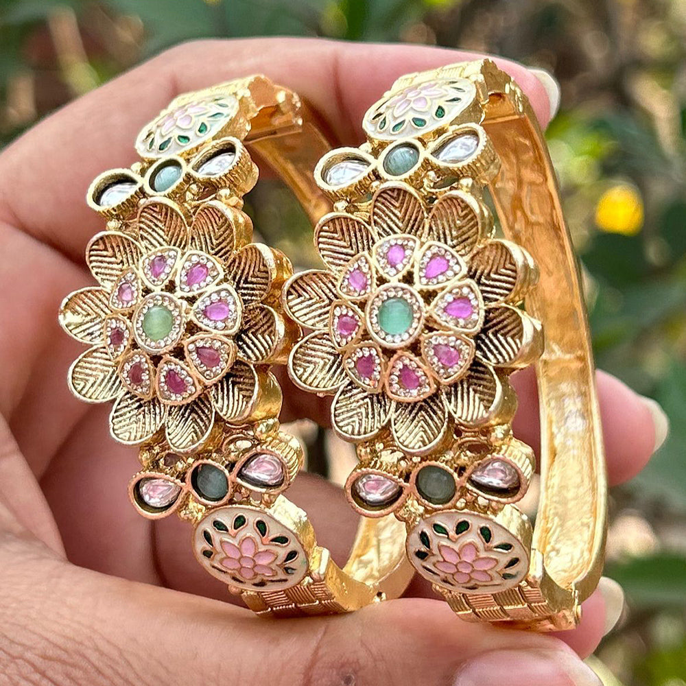 Neetu Art Gold Plated Pota Stone Meenakari Openable Bangle Set