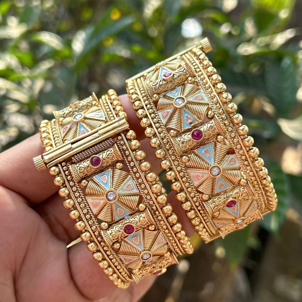 Neetu Art Gold Plated Pota Stone Meenakari Openable Bangle Set