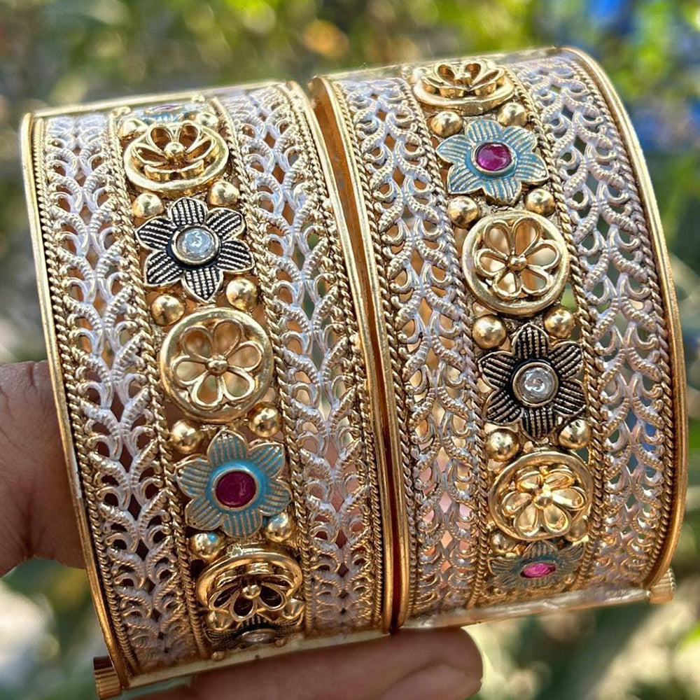 Neetu Art Gold Plated Pota Stone Meenakari Openable Bangle Set