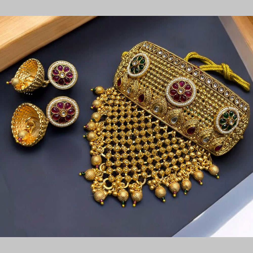 Neetu Art Gold Plated Pota Stone And Beads Choker Necklace Set