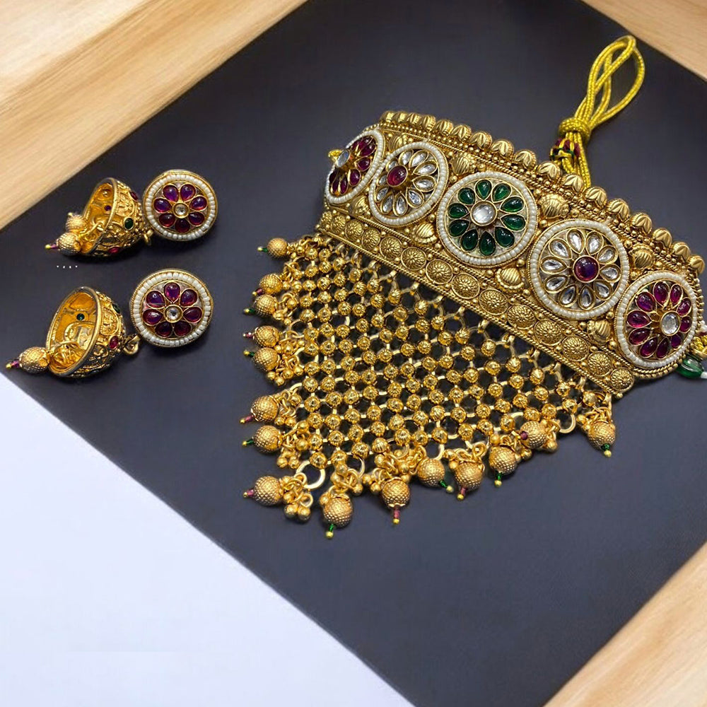 Neetu Art Gold Plated Pota Stone And Beads Choker Necklace Set