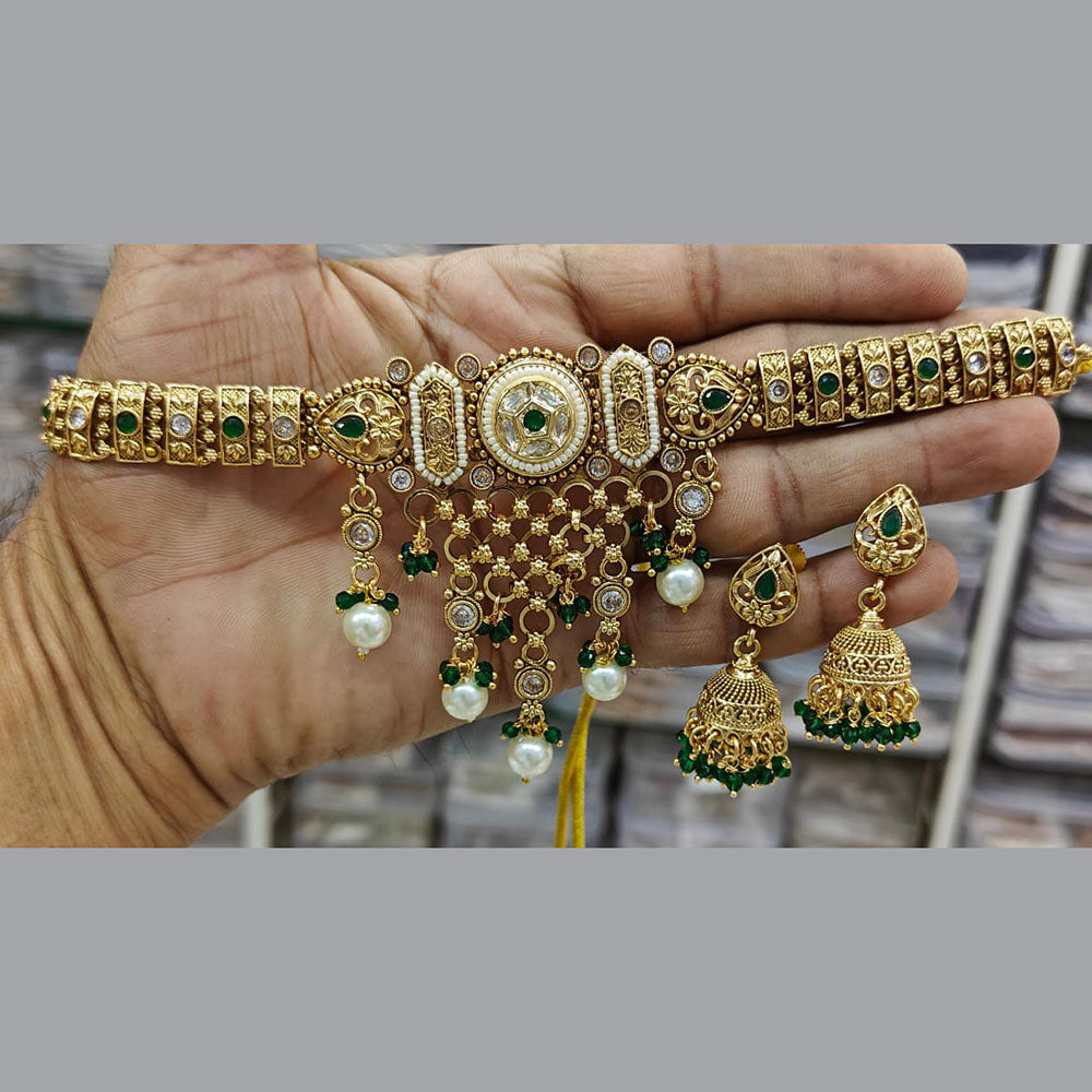 Manisha Jewellery Gold Plated Pota Stone And Pearls Choker Necklace Set