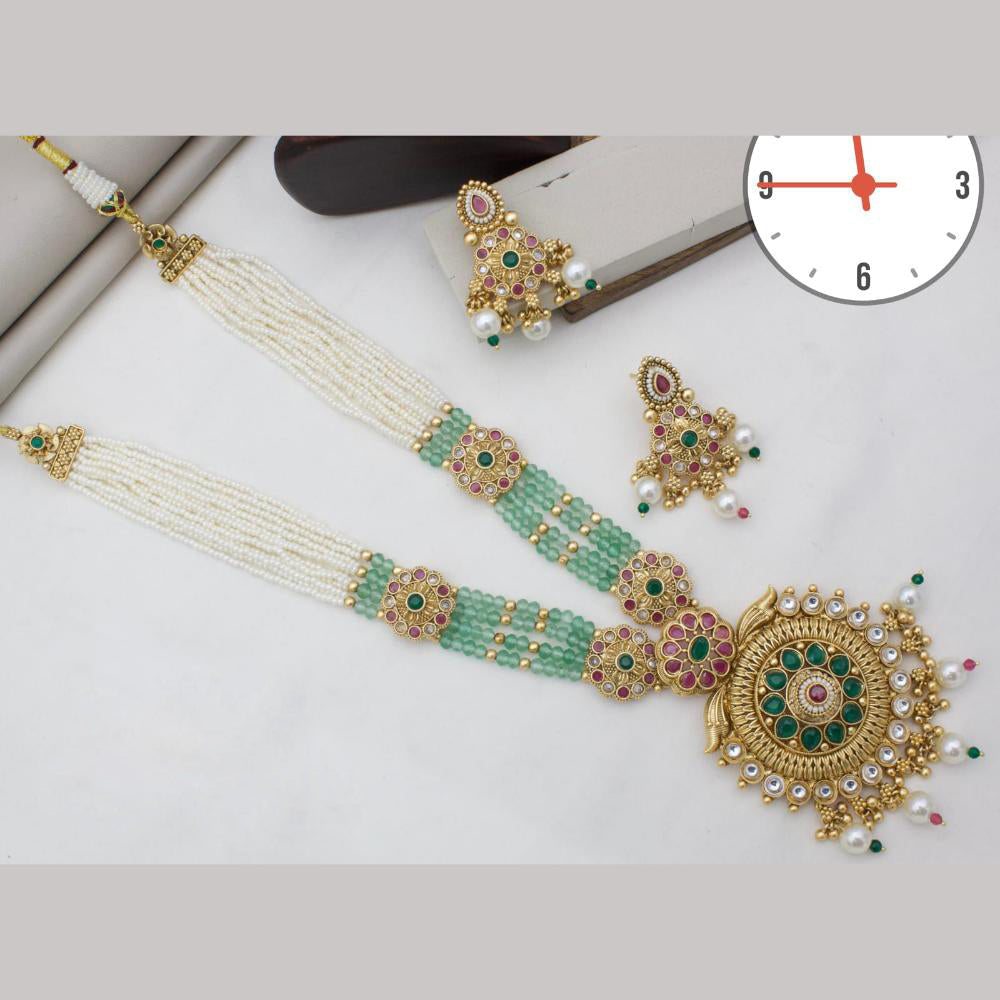 Manisha Jewellery Gold Plated Pota Stone And Pearls Long Necklace Set