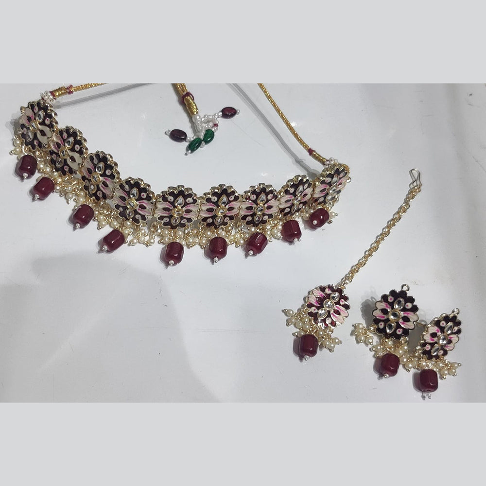 Manisha Jewellery Gold Plated Kundan Stone And Beads Choker Meenakari Necklace Set