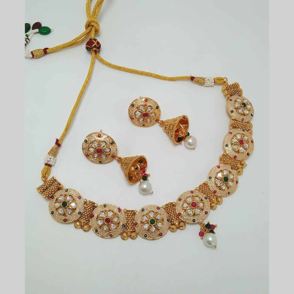 Manisha Jewellery Gold Plated Pota Stone And Pearls Meenakari Necklace Set
