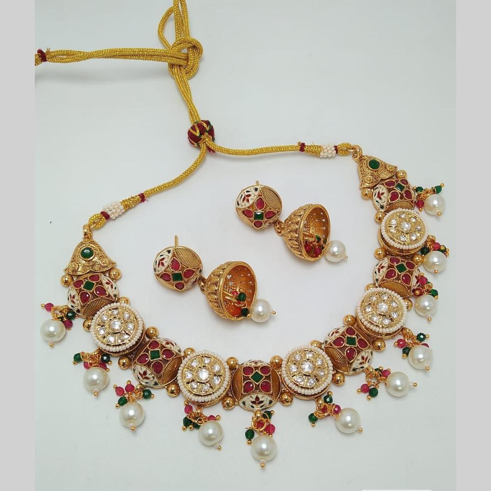 Manisha Jewellery Gold Plated Pota Stone And Meenakari Necklace Set
