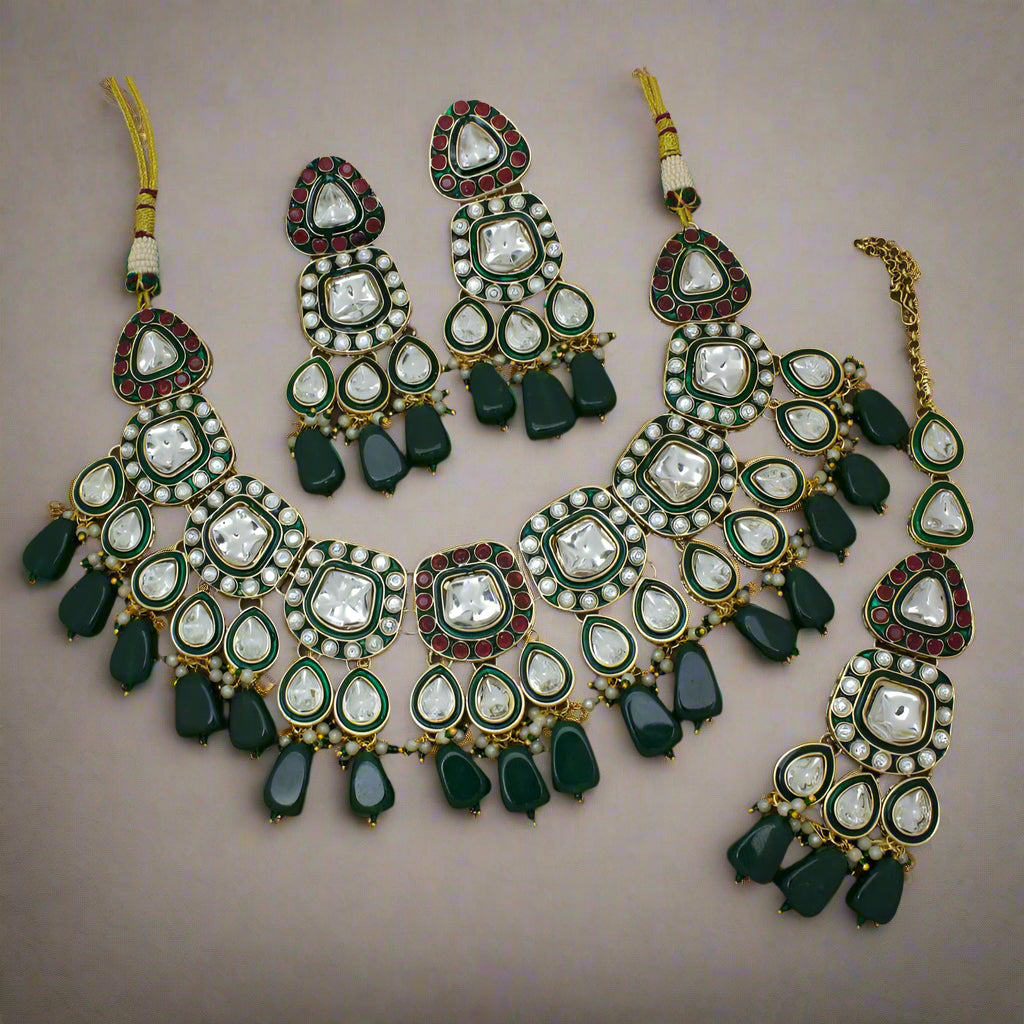 Manisha Jewellery Gold Plated Pota Stone And Pearls Meenaakri Necklace Set