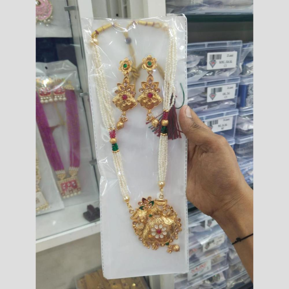 Manisha Jewellery Gold Plated Pota Stone And Pearl Long Meenakari Necklace Set