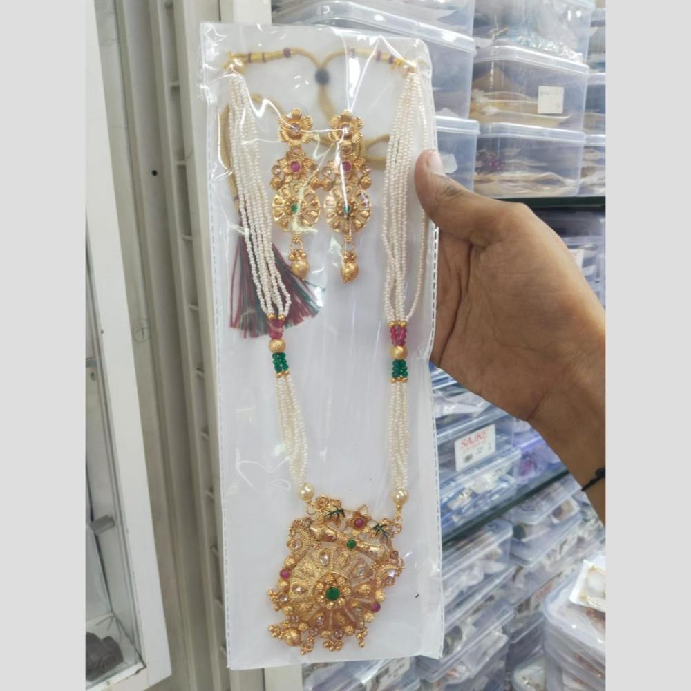 Manisha Jewellery Gold Plated Pota Stone And Pearl Long Necklace Set