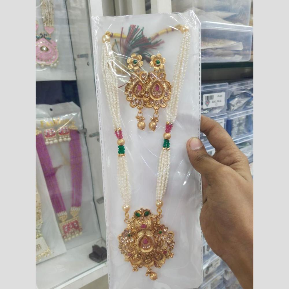 Manisha Jewellery Gold Plated Pota Stone And Pearl Long Necklace Set