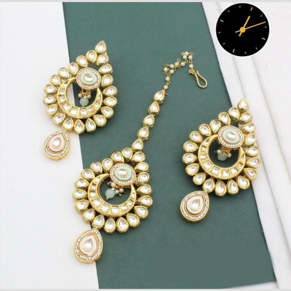 Manisha Jewellery Gold Plated Kundan Stone And Beads Earrings With Maangtikka