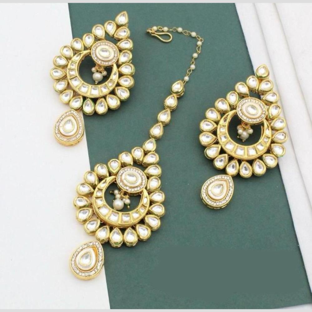 Manisha Jewellery Gold Plated Kundan Stone And Beads Earrings With Maangtikka