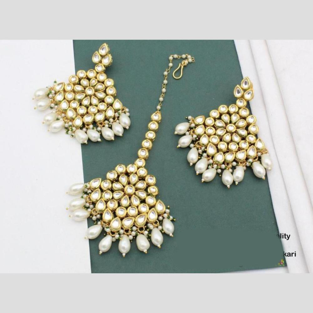 Manisha Jewellery Gold Plated Kundan Stone And Beads Earrings With Maangtikka
