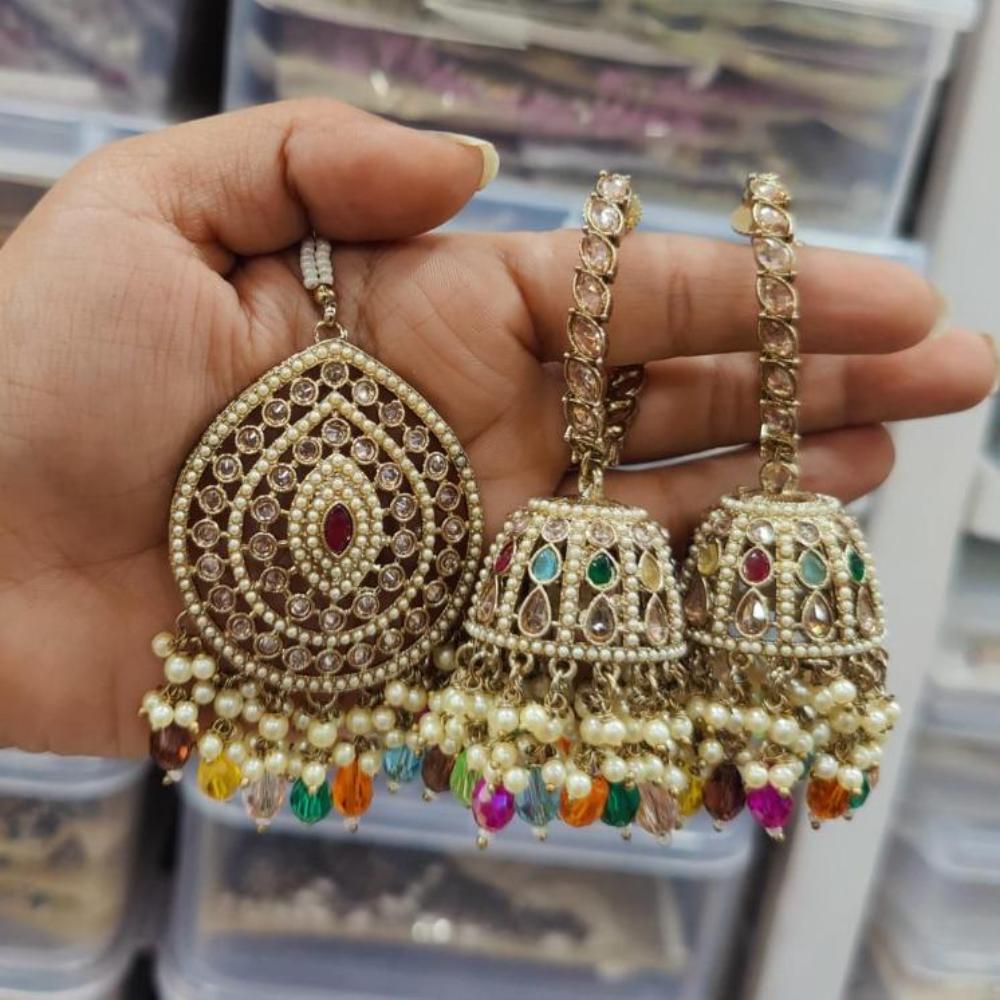 Manisha Jewellery Gold Plated Austrian Stone And Beads Earrings With Maangtikka