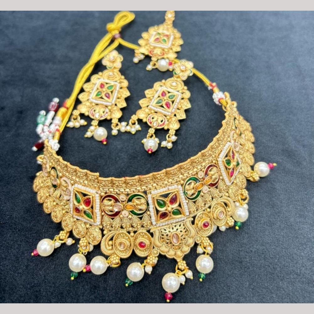 Manisha Jewellery Gold Plated Pota Stone And Pearls Choker Necklace Set