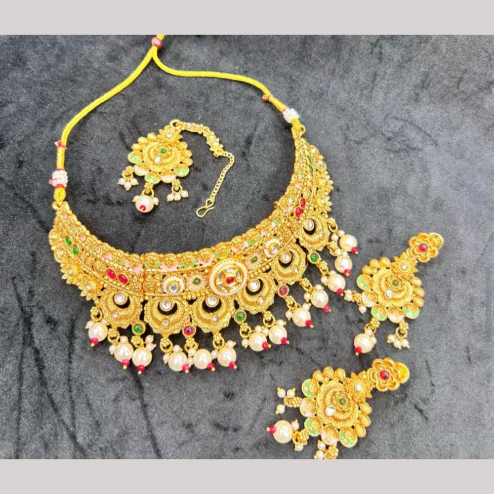 Manisha Jewellery Gold Plated Pota Stone And Pearls Choker Necklace Set