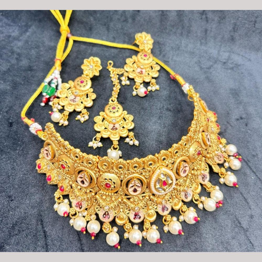 Manisha Jewellery Gold Plated Pota Stone And Pearls Meenakari Choker Necklace Set