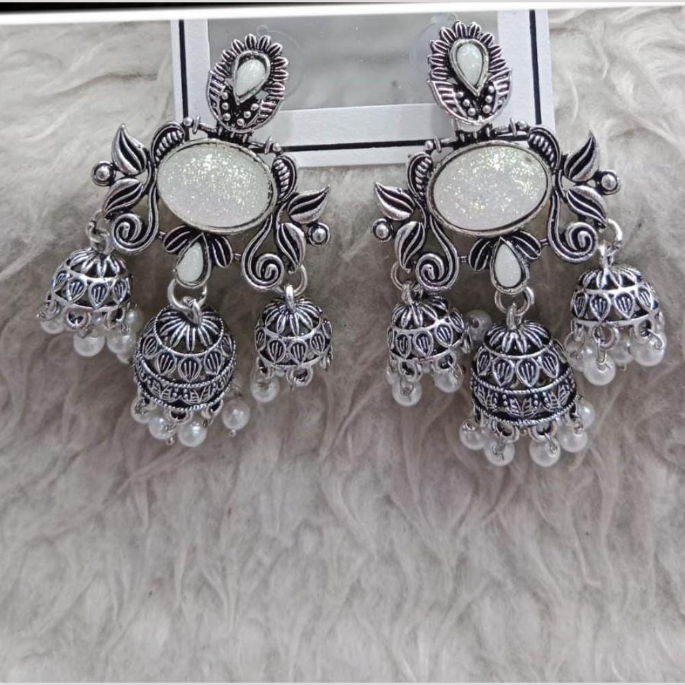 Manisha Jewellery Oxidized Jhumki with Teardrop Stone and Pearl Fringe