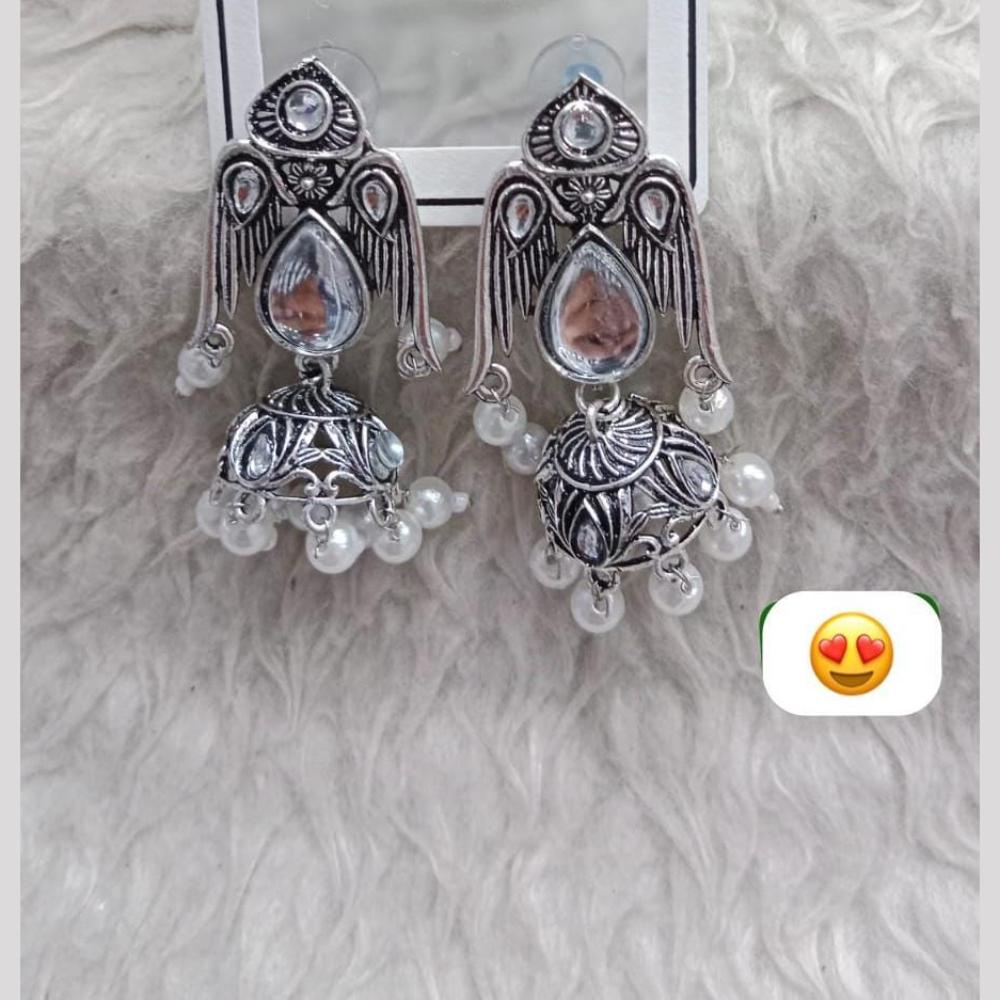 Manisha Jewellery Rhodium Finish Ethnic Jhumkas with Mirror Detailing & Pearl Drops