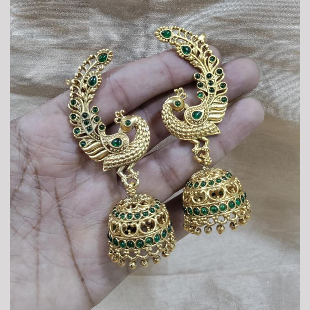 Manisha Jewellery Royal Peacock Jhumki With Sparkling Pota Stone And Dangling Pearls