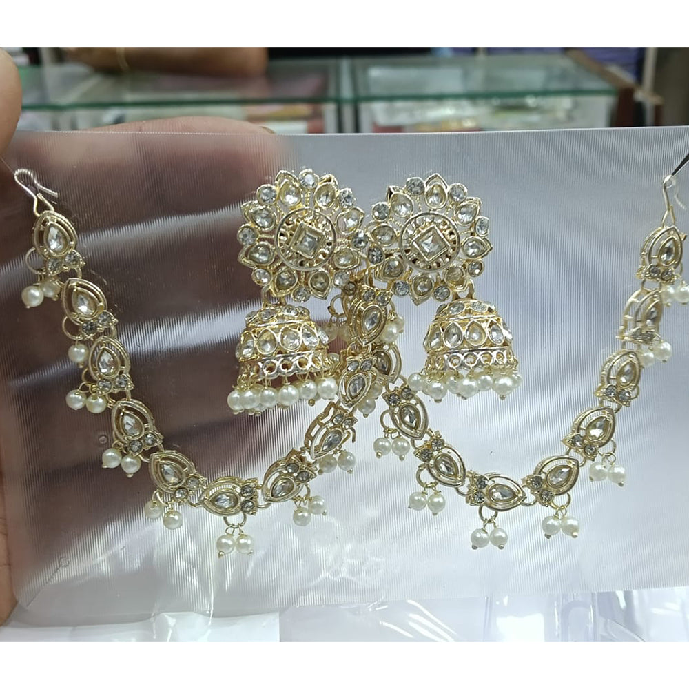 Manisha Jewellery Grand Kundan Stone And Pearl Jhumki Earrings With Kanchain
