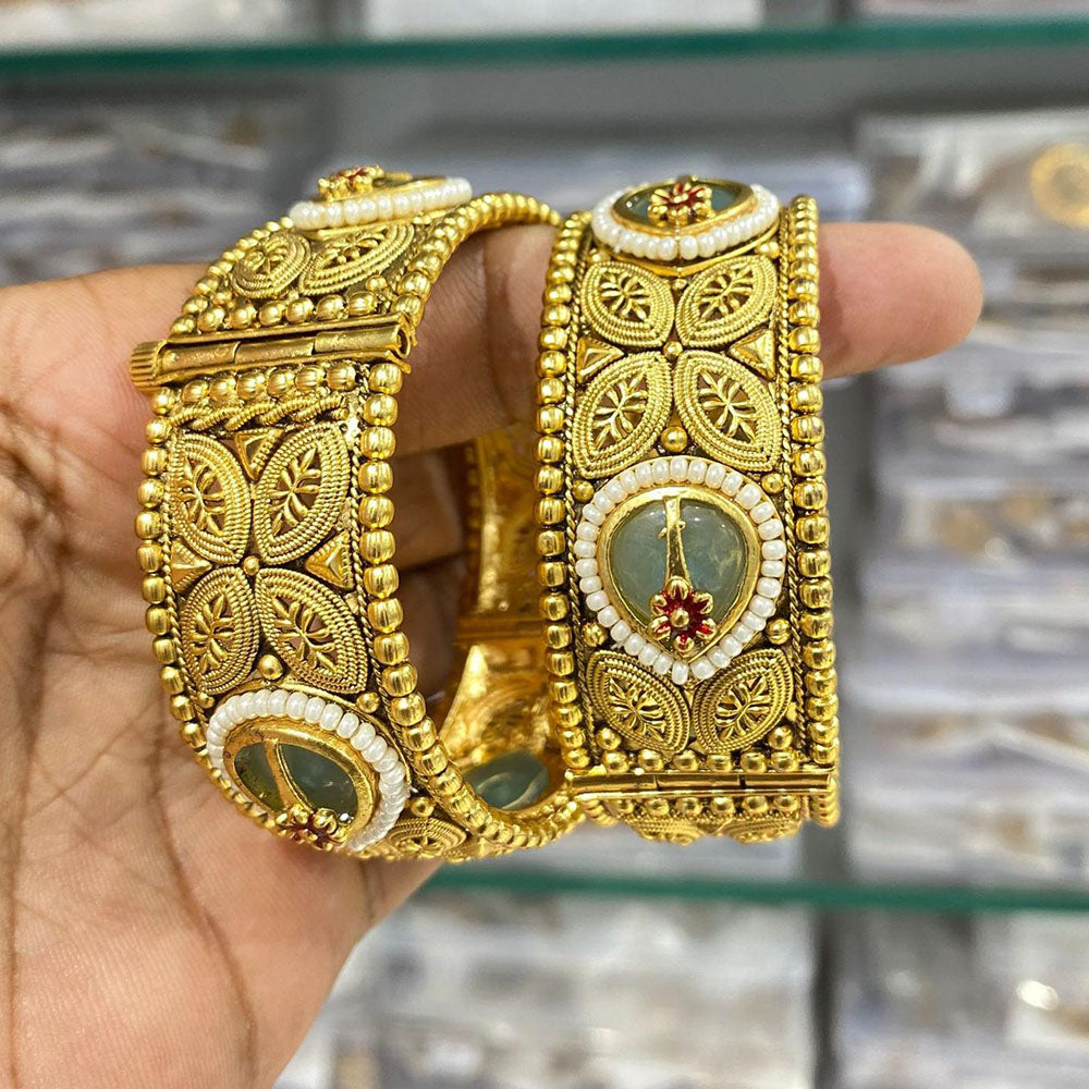 Manisha Jewellery Gold Plated Pota Stone And Pearl Openable Bangles Set