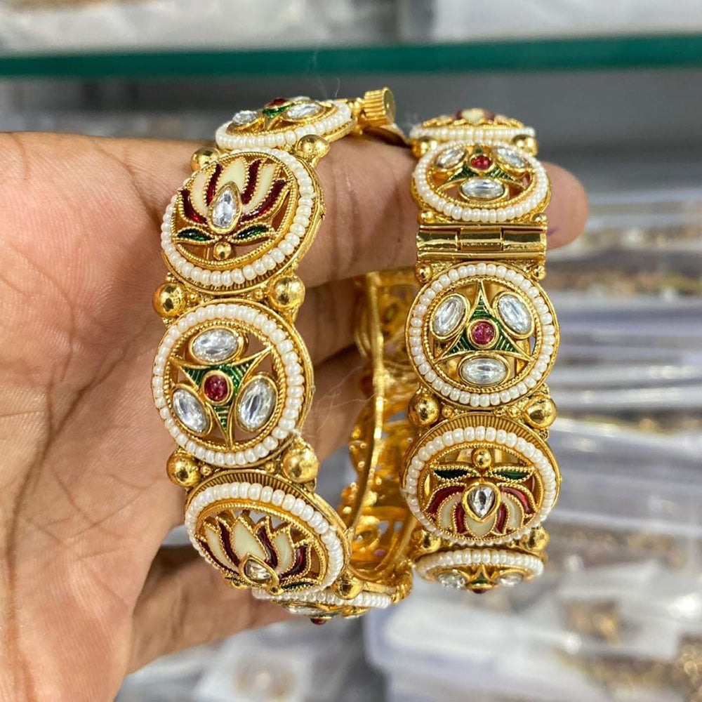 Manisha Jewellery Pota Stone And Pearl Meenakari Openable Bangles Set