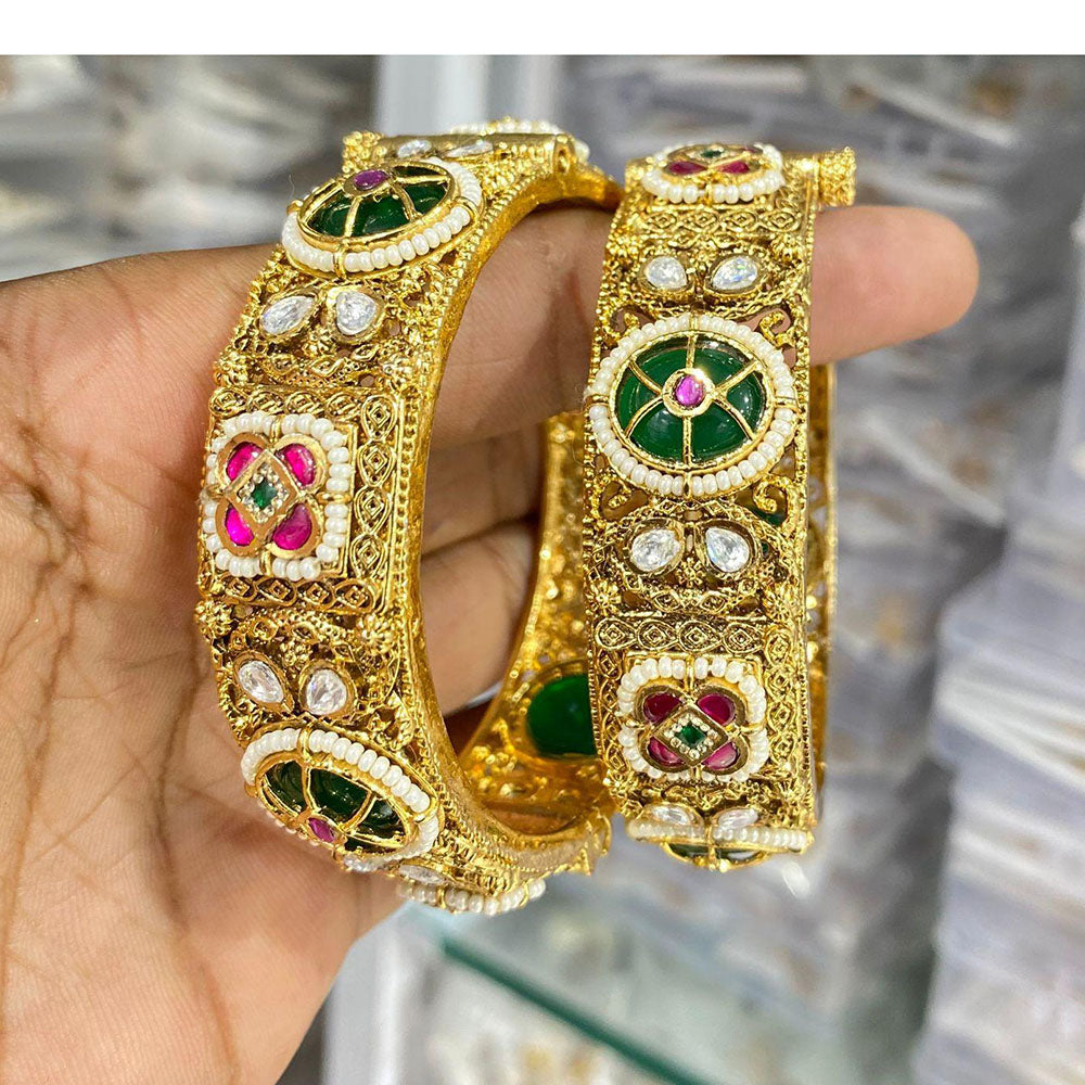 Manisha Jewellery Gold Plated Pota Stone And Pearl Openable Bangles Set
