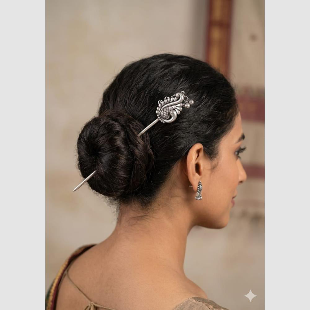 Manisha Jewellery Traditional Peacock Design Silver Tone Juda Pin Hair Stick for Women