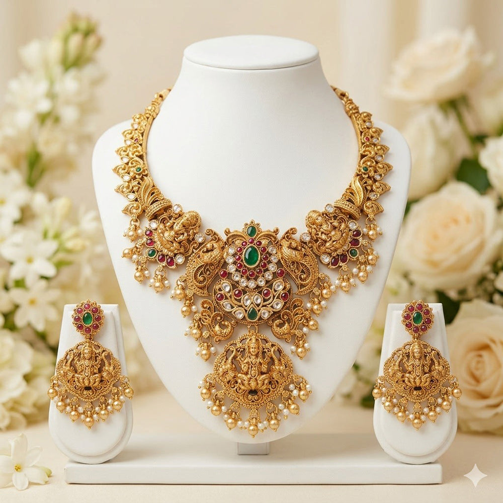 Manisha Jewellery Elegant Pota Stone And Pearl Temple Necklace Set
