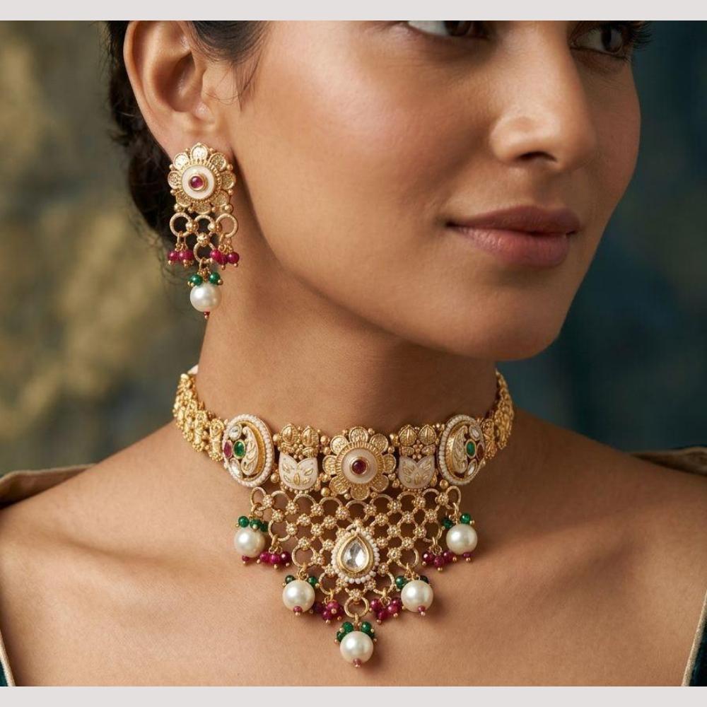 Manisha Jewellery Premium Pota Stone And Pearl Choker Necklace Set